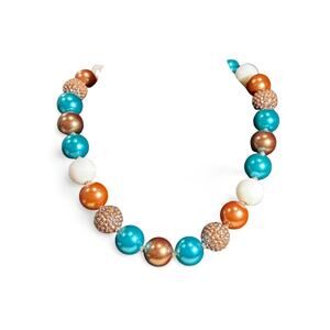 Teal Copper Bead Statement Necklace Pave Rhinestone Gold Tone Toggle 18”